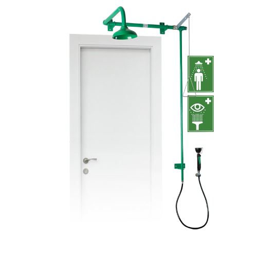 Bezpečnostná sprcha pre umiestnenie nad dvere s ručnou očnou sprchou